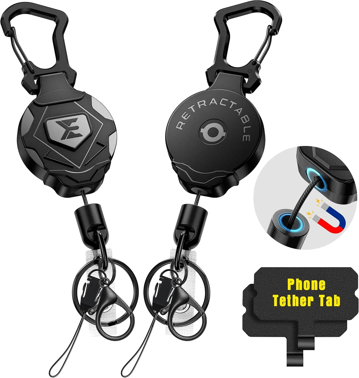 ELV Heavy Duty Retractable Keychain with Magnetic Closure and Carabiner, ID Badge Holder Clip, Badge Reel with 31' Dyneema Cord, Key Ring, Lobster Claw Clasp and Phone Tethers