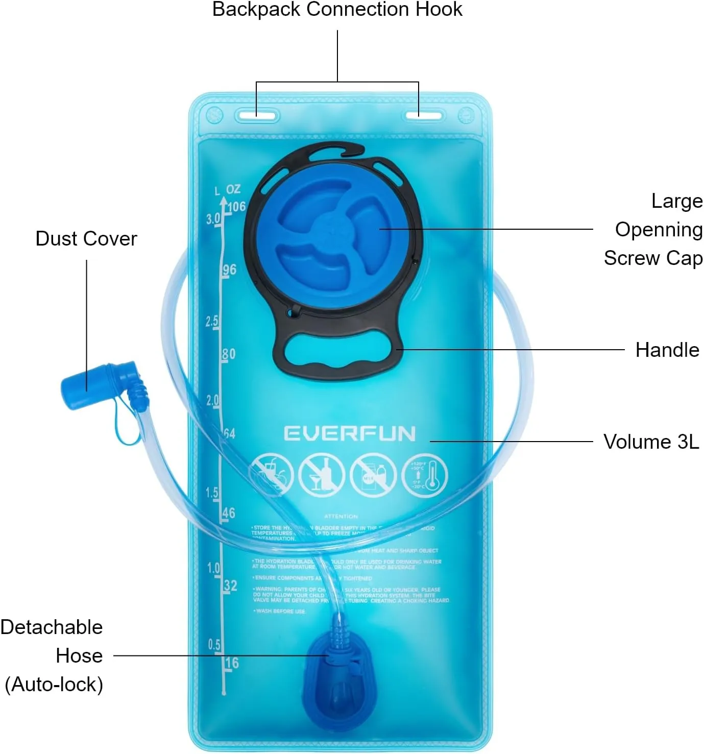 Everfun Hydration Bladder 2L/3L Water Reservoir for Hiking Backpack, Leak Proof Water Bladder with Detachable Hose & High Flow Ergonomic Bite Valve, Water Pouch for Cycling, Running