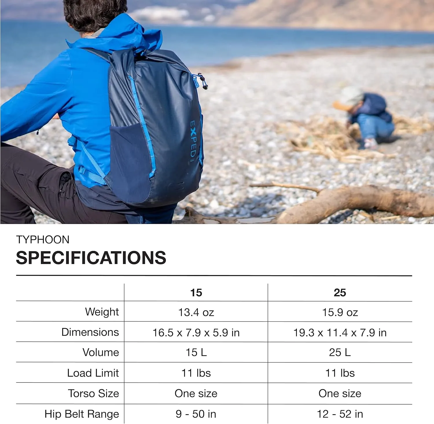 Exped Typhoon 25 Backpack - Waterproof Lightweight Multifunctional Roll-Top Travel Daypack with Compact Packed Size, Black, 25L