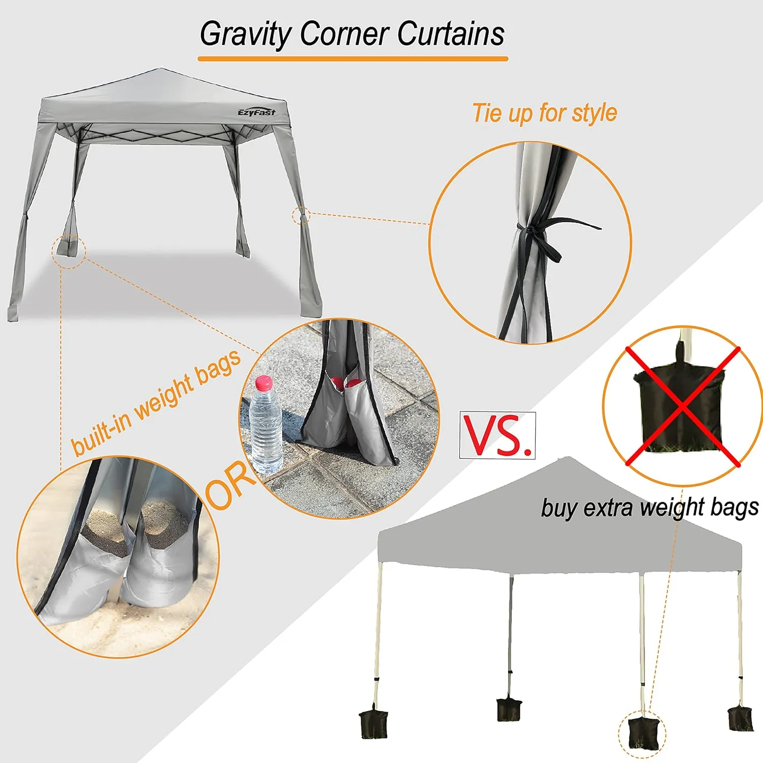 EzyFast Pop Up Canopy Tent, One Person Setup Slant Leg Portable Shelter Gazebo, Patented Design with Built-in Weight Bags, 10' x 10' Base / 8' x 8' Top A Khaki