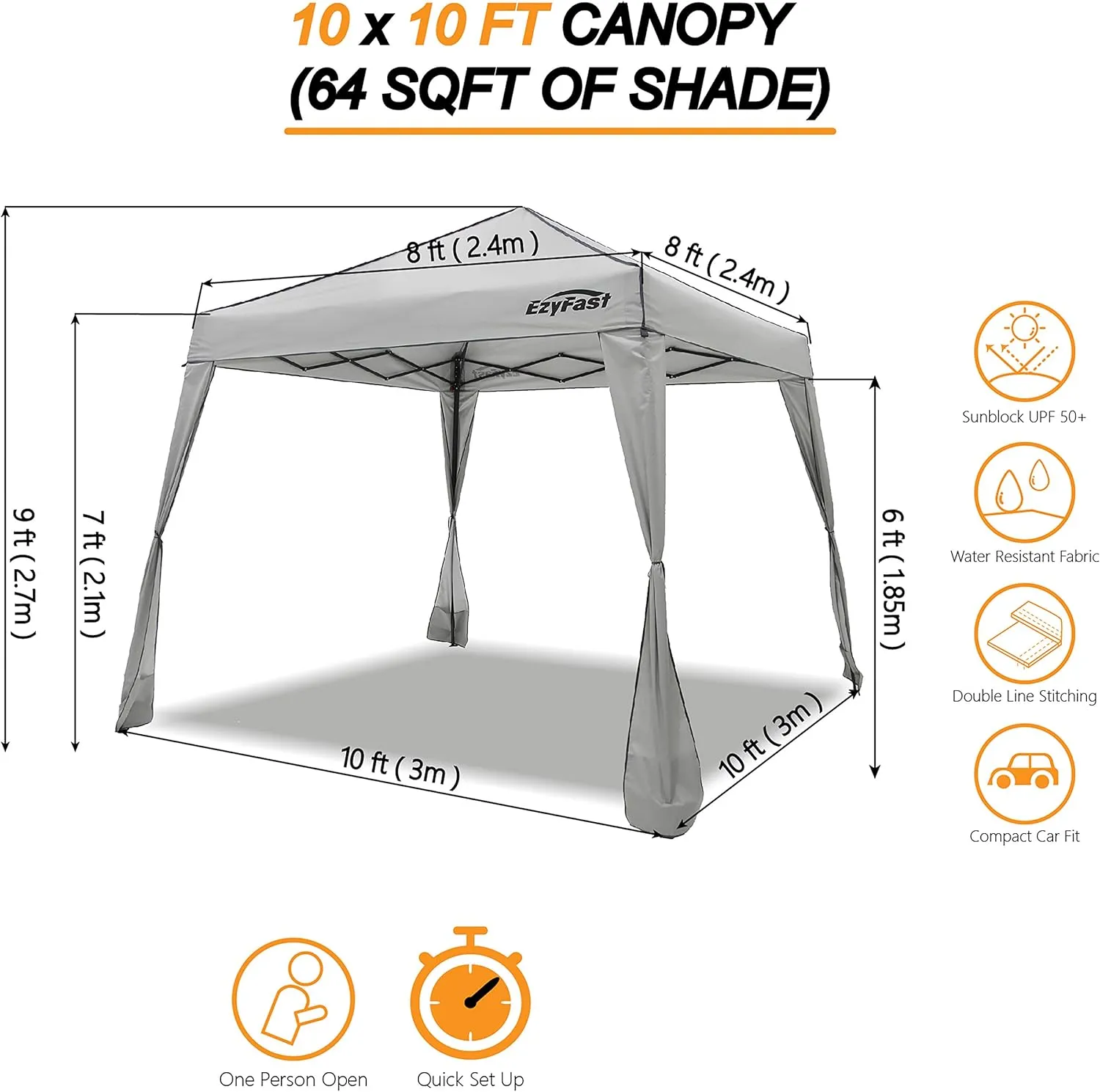 EzyFast Pop Up Canopy Tent, One Person Setup Slant Leg Portable Shelter Gazebo, Patented Design with Built-in Weight Bags, 10' x 10' Base / 8' x 8' Top A Khaki