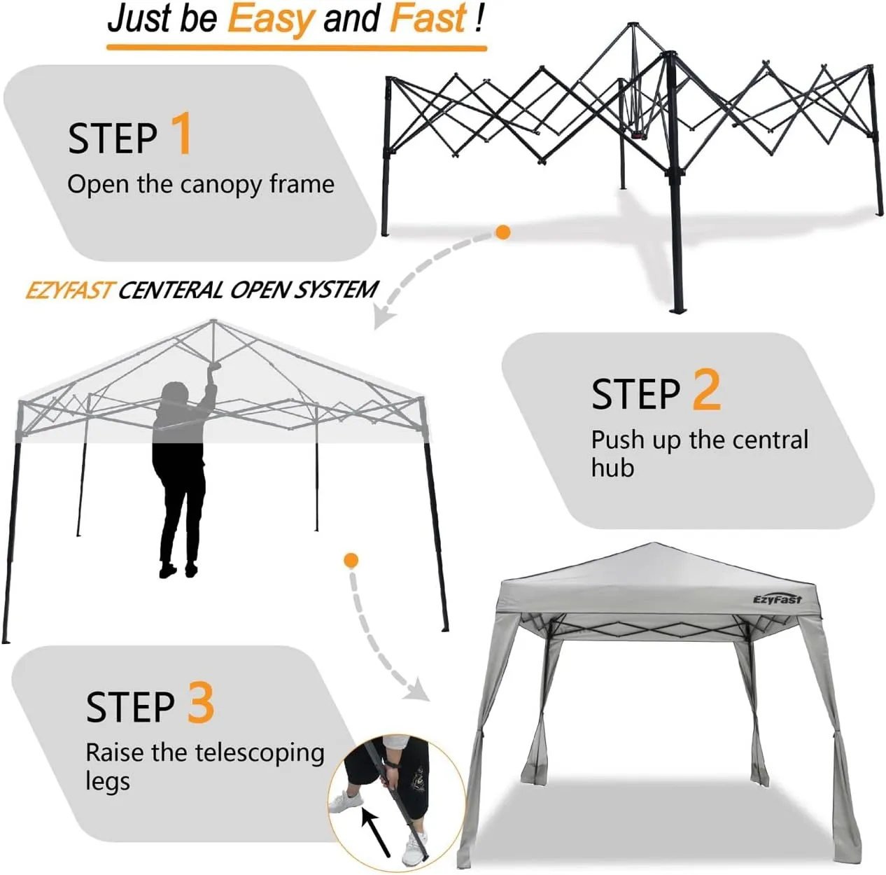 EzyFast Pop Up Canopy Tent, One Person Setup Slant Leg Portable Shelter Gazebo, Patented Design with Built-in Weight Bags, 10' x 10' Base / 8' x 8' Top A Khaki