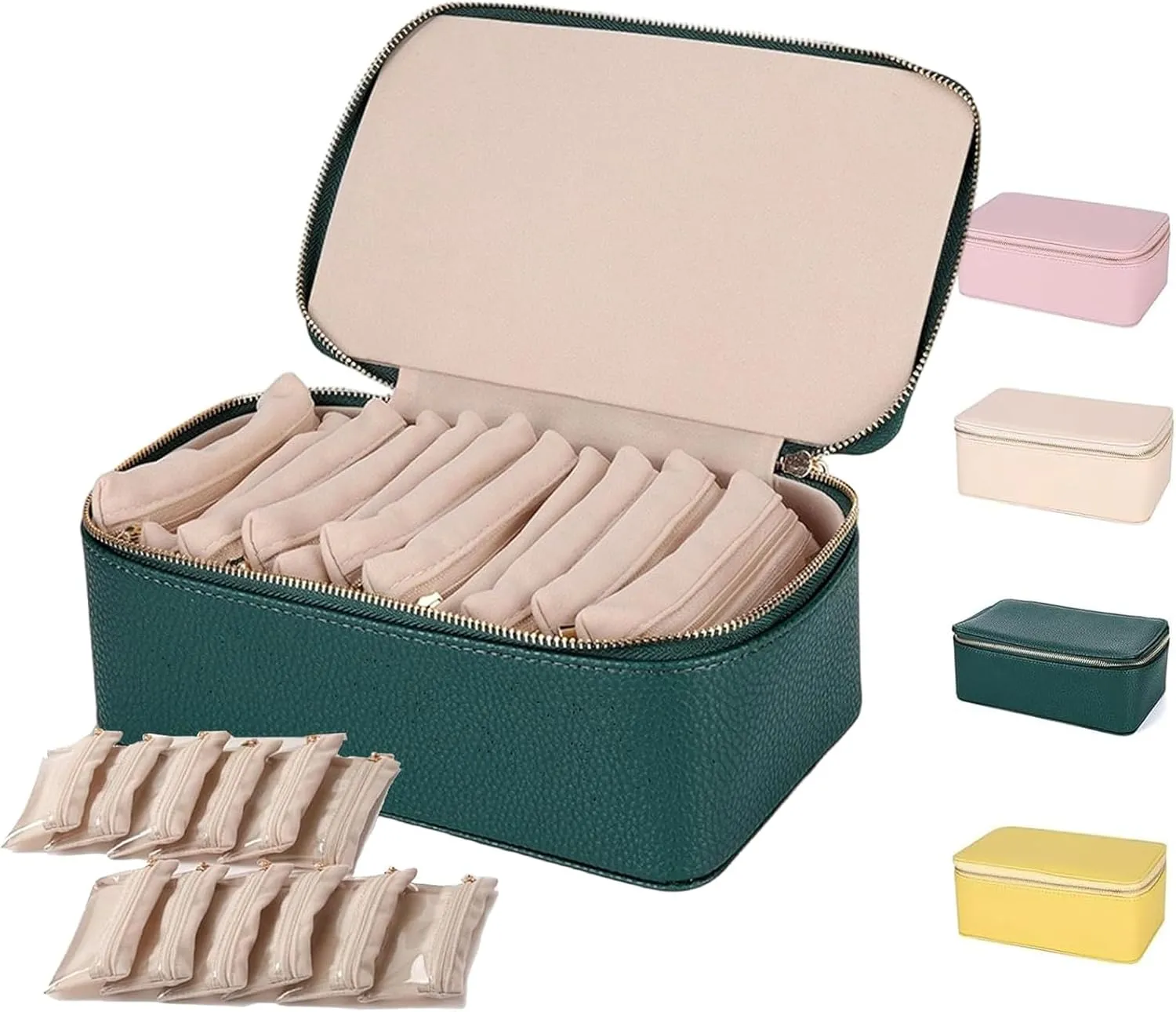 Familiarn Travel Jewelry Box With Small Pouches, Circulatne Travel Jewelry Box With 12 Small Pouches, Portable PU Leather Jewelry Organizer Box, Necklace and Bracelet Organizer (Dark Green)