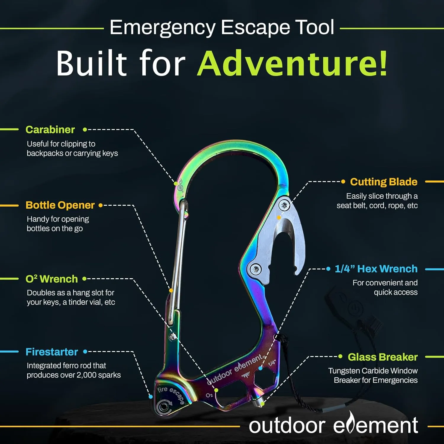 Fire Escape, Emergency Escape Tool, Seatbelt Cutter, Window Breaker, Multi Tool, Fire Starter, Carabiner, and Much More