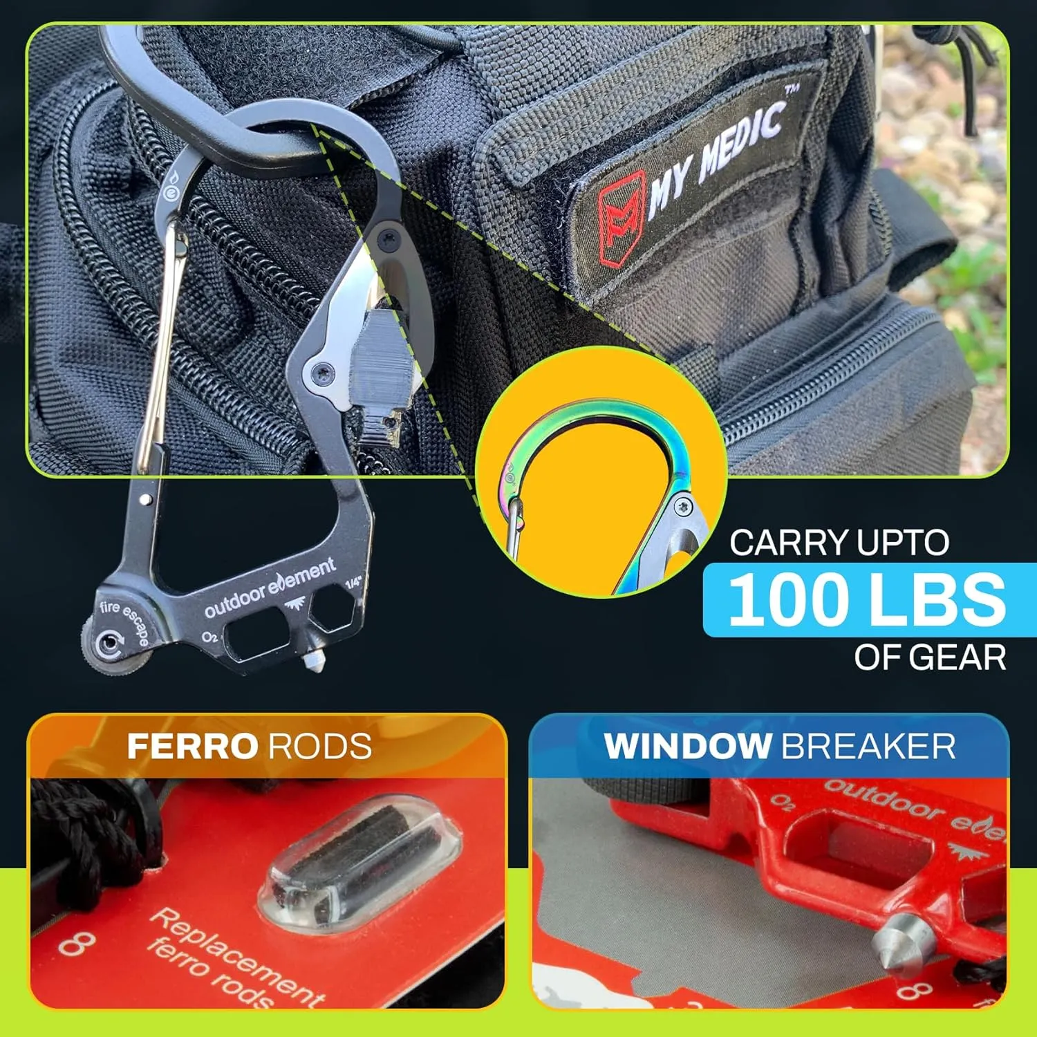Fire Escape, Emergency Escape Tool, Seatbelt Cutter, Window Breaker, Multi Tool, Fire Starter, Carabiner, and Much More