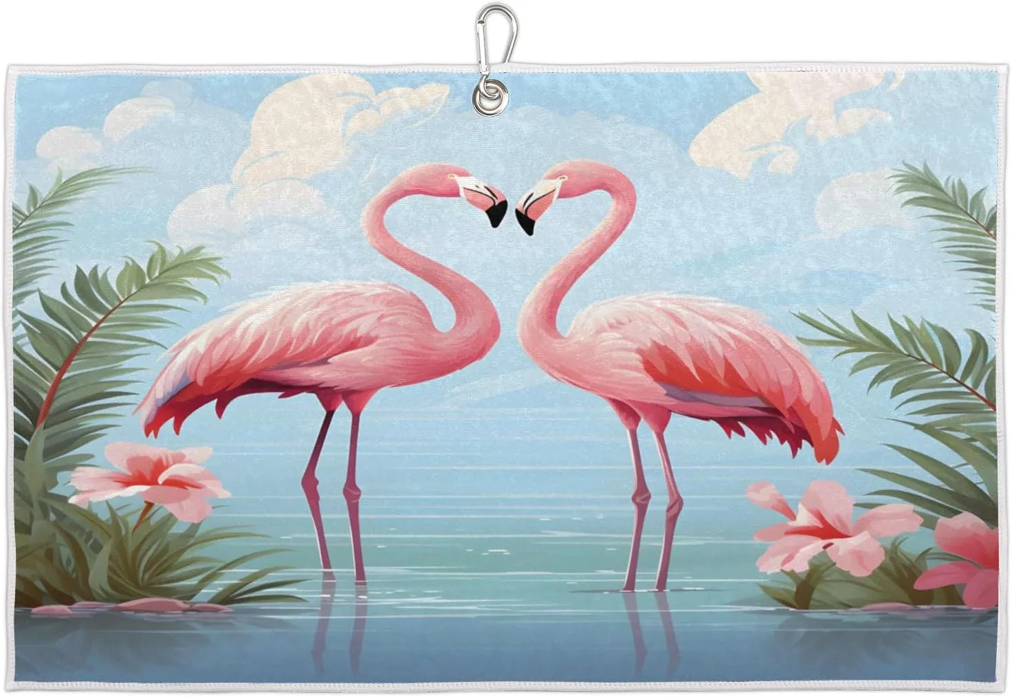 Flamingo Couple Flower Plants Golf Towel with Heavy Duty Carabiner Clip Quick Dry Ultra Absorbent Club Ball Cleaning Towel Golf Accessories for Men Women