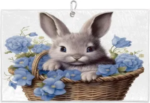 Flower Basket Rabbit Golf Towel with Heavy Duty Carabiner Ultra Absorbent Quick Dry Perfect for Cleaning Clubs Balls Gear Essential Golf Accessory for Men Women Kids