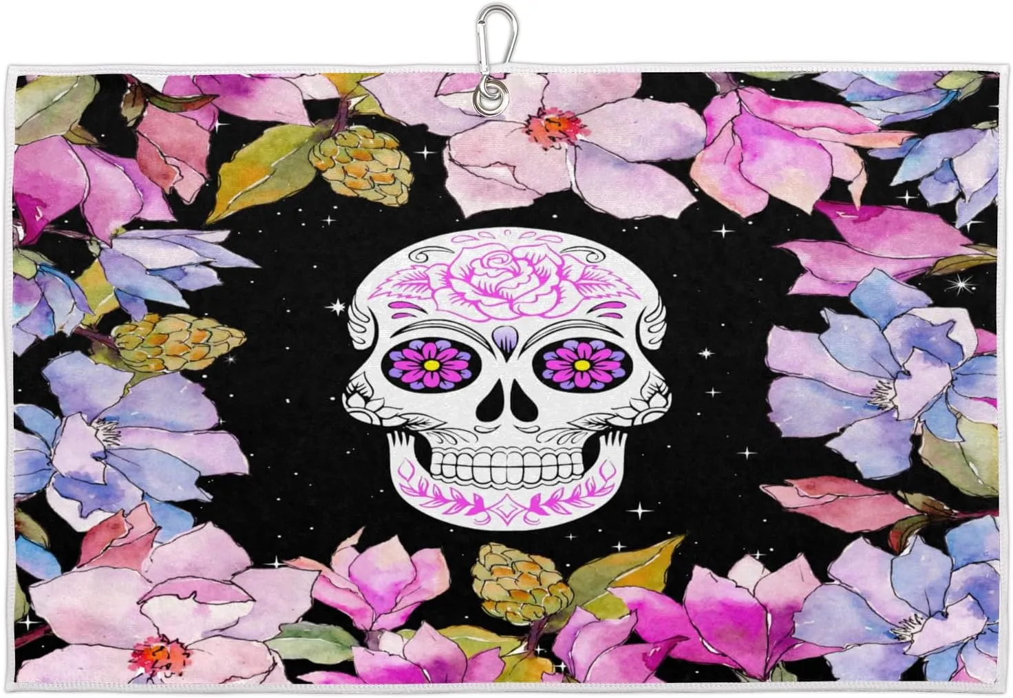 Flower Skull Stars Golf Towel with Heavy Duty Carabiner Clip Quick Dry Ultra Absorbent Club Ball Cleaning Towel Golf Accessories for Men Women