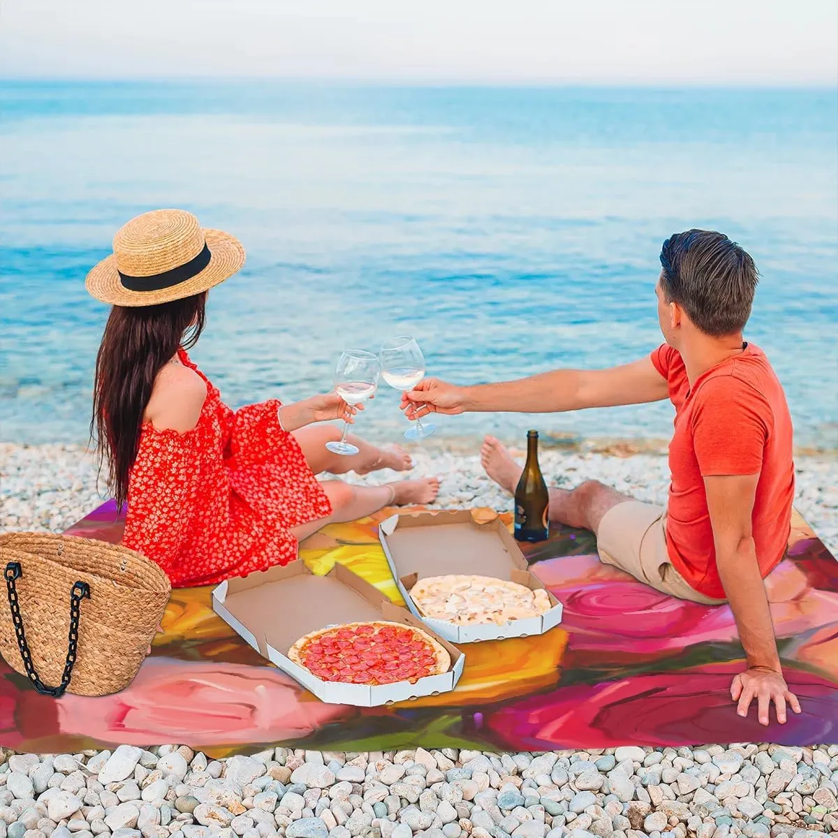 Flowers Rose Beach Blanket Waterproof Sandproof 68"x59" Large Beach Mat Lightweight Outdoor Picnic Blanket with 4 Stakes & 4 Corner Pockets for Travel Camping Hiking