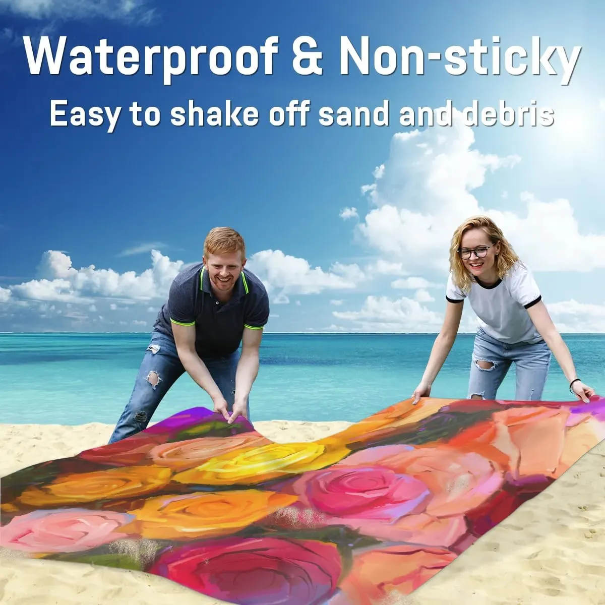 Flowers Rose Beach Blanket Waterproof Sandproof 68"x59" Large Beach Mat Lightweight Outdoor Picnic Blanket with 4 Stakes & 4 Corner Pockets for Travel Camping Hiking