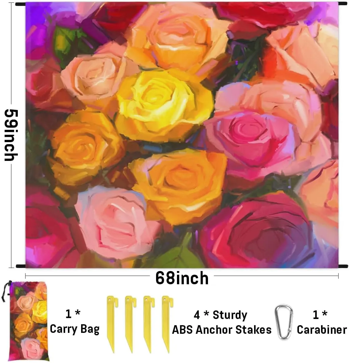 Flowers Rose Beach Blanket Waterproof Sandproof 68"x59" Large Beach Mat Lightweight Outdoor Picnic Blanket with 4 Stakes & 4 Corner Pockets for Travel Camping Hiking