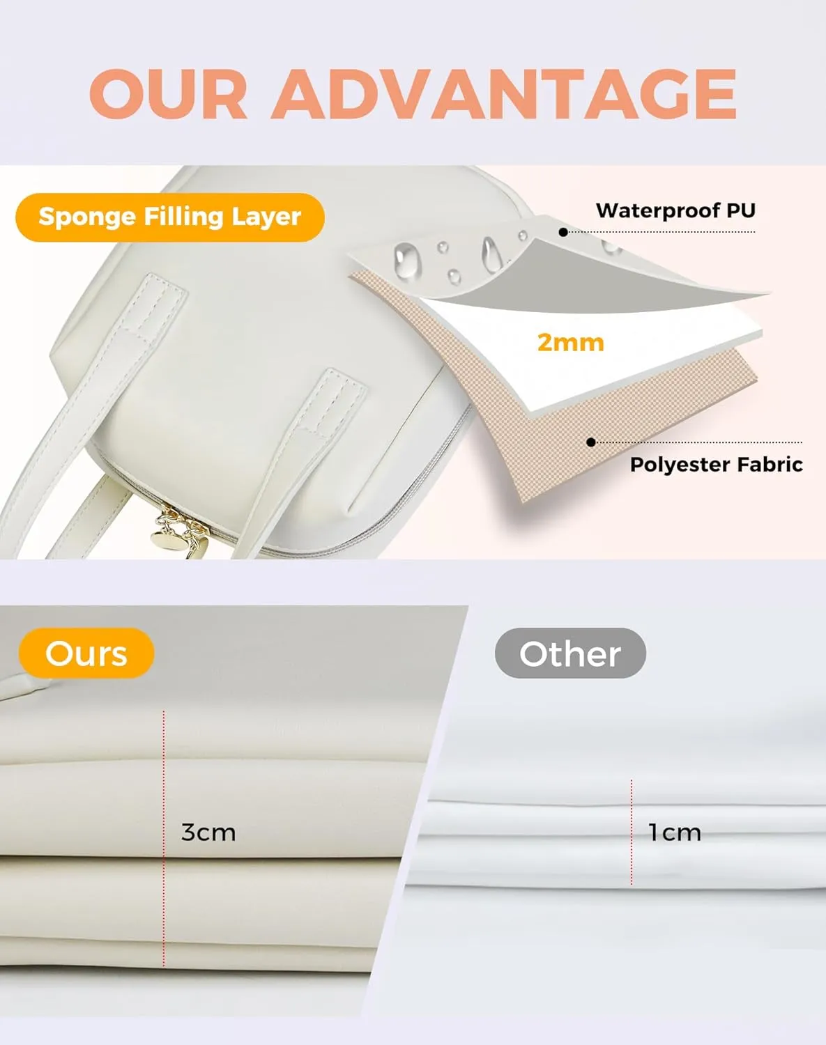Fmeida Small Makeup Bag Organizer Leather Cosmetic Bags for Women Travel Cosmetic Pouch Waterproof Aesthetic Makeup Bag with Compartments Portable Handle Apricot