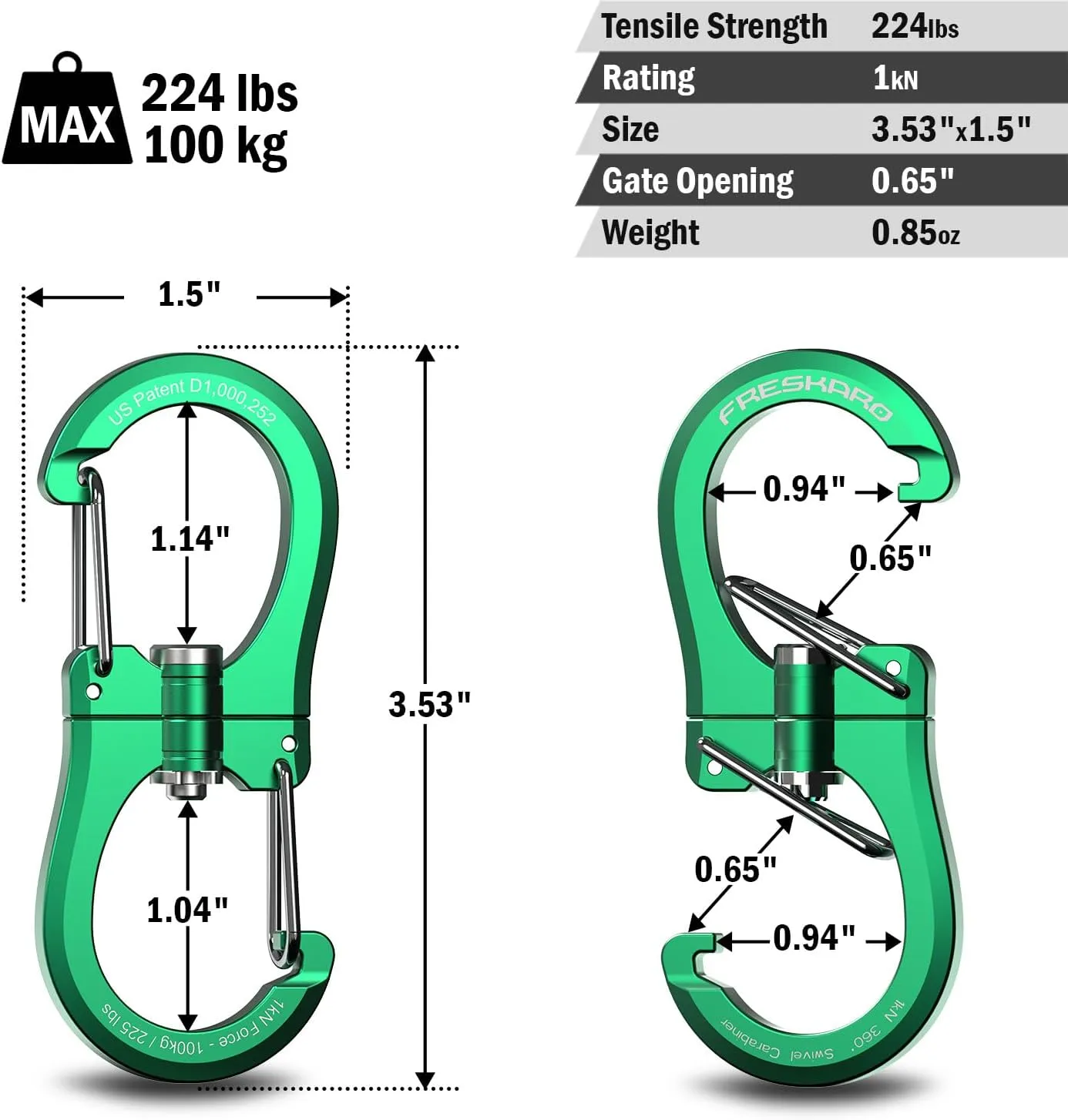 FresKaro 1kN Double-Ended Wiregate Carabiner Clip, Patented Design, Reversable 360 Spin, Lightweight Utility Hook for Hiking, Camping, Fishing, Birdfeeders, Keychain, Not for Climbing, Multi-Colours