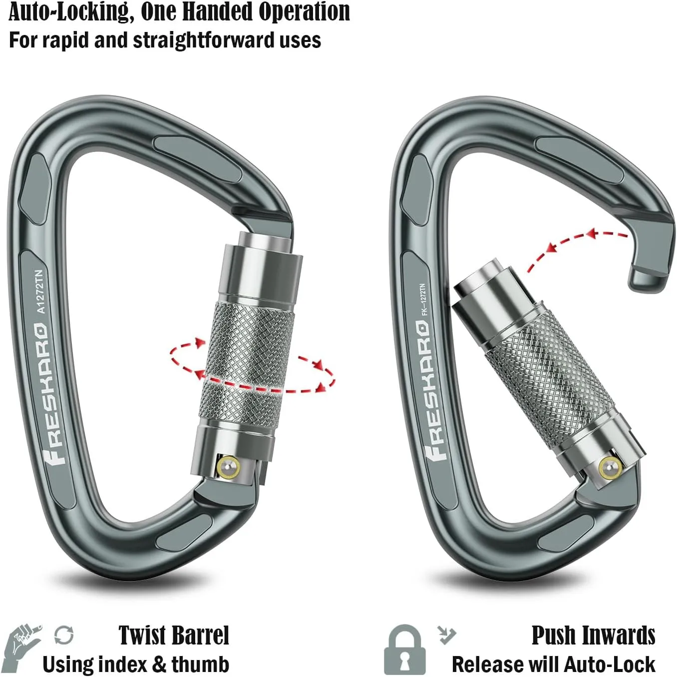 FresKaro 4inches 25kN-5621lbs Climbing Carabiners, UIAA CE Certified, Twist Auto Locking, Made of 7075 Aluminium, Lightweight, Rust Proof, for Mountaineering, Rappelling etc., Multi-Colors