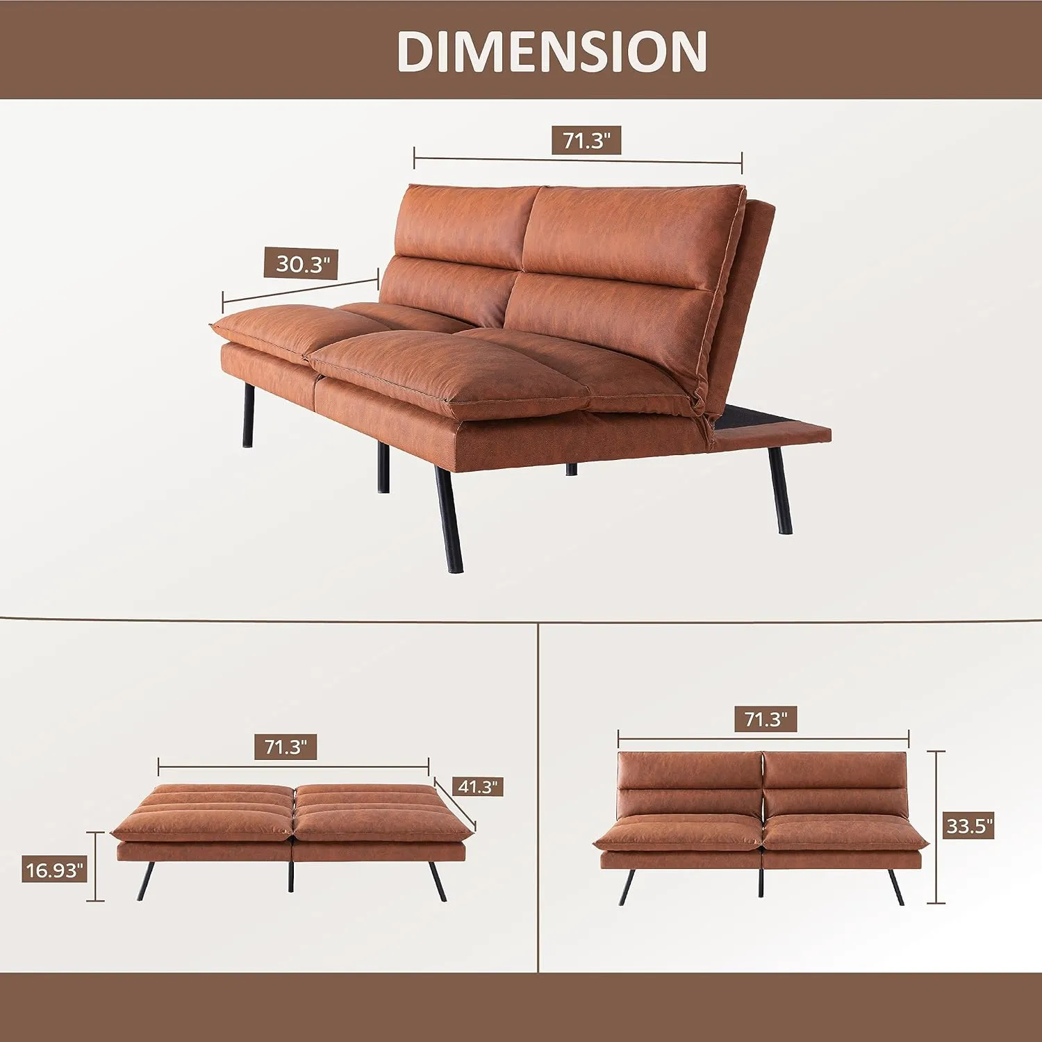 Futon Sofa Bed, Memory Foam Futon Couch with Adjustable Backrest, Multi-Functional Design Convertible Sofa Bed, Space-Saving Sleeper Sofa for Living Room(New Brown)