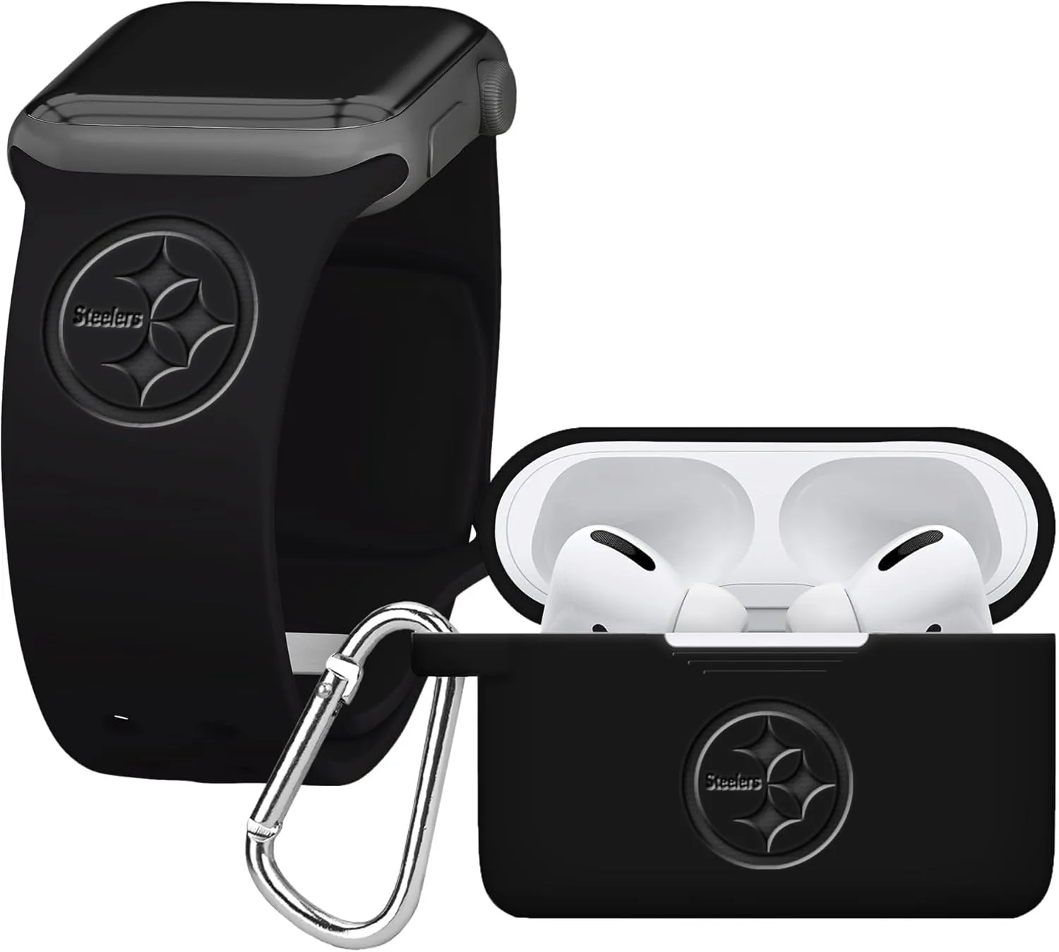 Game Time Pittsburgh Steelers Engraved Silicone Combo Package Compatible with Apple Watch and Airpods Pro Battery Case (42/44mm Black/Black)