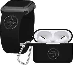 Game Time Pittsburgh Steelers Engraved Silicone Combo Package Compatible with Apple Watch and Airpods Pro Battery Case (42/44mm Black/Black)