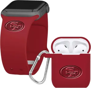 Game Time San Francisco 49ers Engraved Silicone Combo Package Compatible with Apple Watch and AirPods Battery Case (42/44mm Crimson/Crimson)