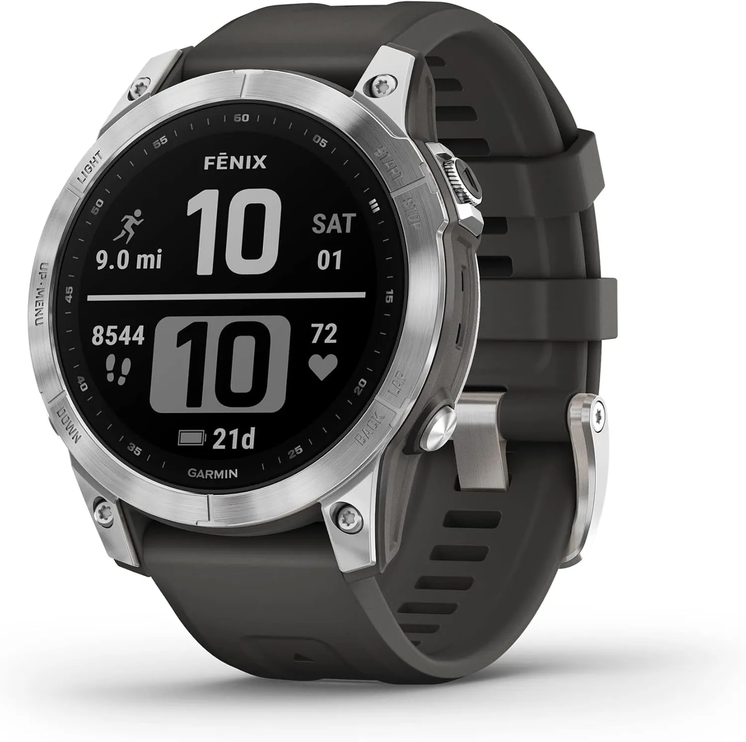 Garmin fenix 7, adventure smartwatch, rugged outdoor watch with GPS, touchscreen, health and wellness features, silver with graphite band - 010-02540-00