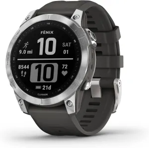 Garmin fenix 7, adventure smartwatch, rugged outdoor watch with GPS, touchscreen, health and wellness features, silver with graphite band - 010-02540-00
