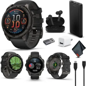 Garmin Fenix 8 47MM AMOLED Sapphire Premium Multisport GPS Smartwatch Carbon Gray DLC Titanium with Black Gray Silicone Band, Built-in LED Flashlight, Fitness & Health Smart Watch Bundle for Men