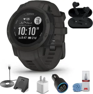 Garmin Instinct 2S - Standard Edition Smart Watch-Graphite   Wireless Headphones   Watch Charging Stand   USB Car/Wall Adapter   6Ave Cleaning Kit (010-02563-10)