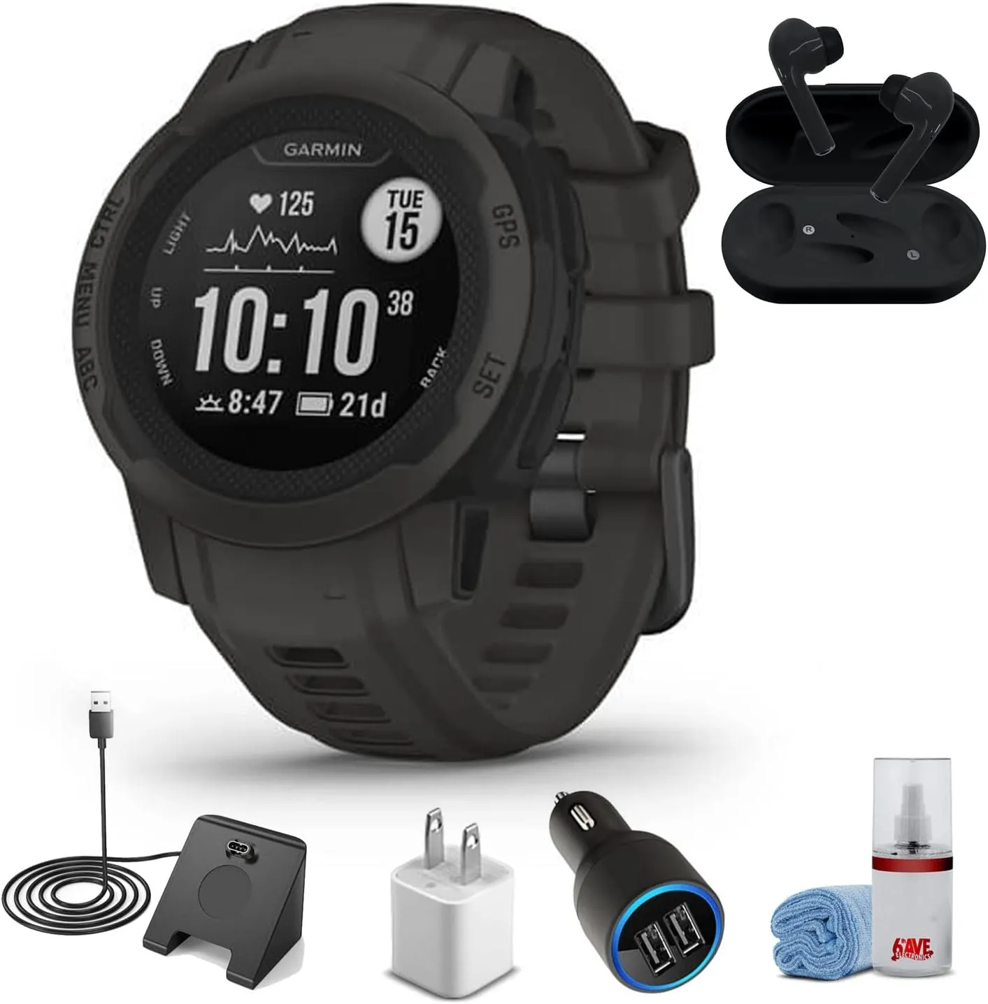 Garmin Instinct 2S - Standard Edition Smart Watch-Graphite   Wireless Headphones   Watch Charging Stand   USB Car/Wall Adapter   6Ave Cleaning Kit (010-02563-10)