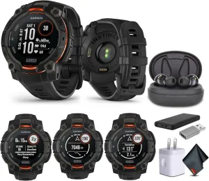 Garmin Instinct 3 45mm, Solar Charged Display, Rugged Outdoor GPS Smartwatch, Metal-Reinforced Bezel, Built-in Flashlight, Black (010-02934-00) Tactical Smart Watch Bundle for Men and Women