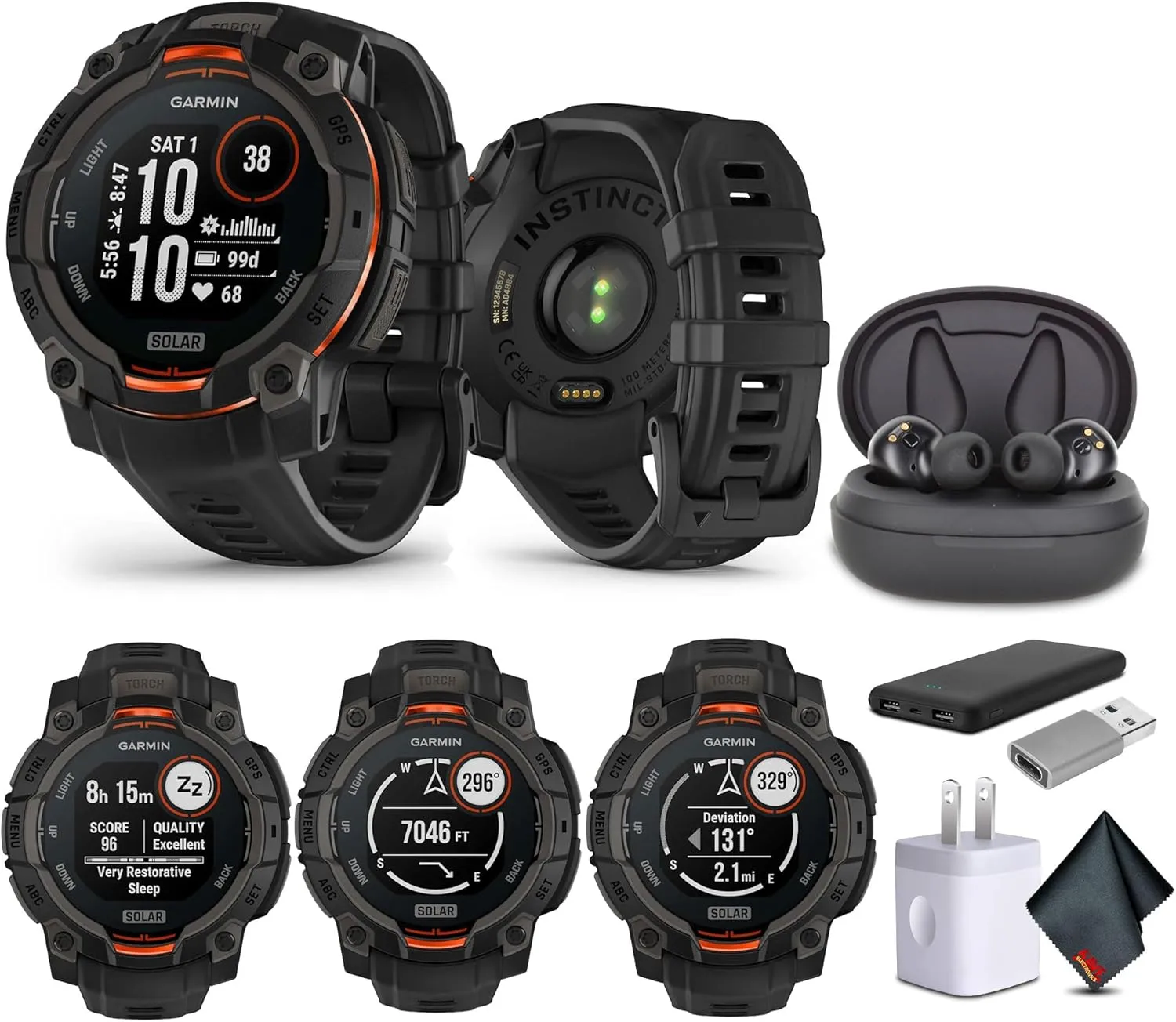 Garmin Instinct 3 45mm, Solar Charged Display, Rugged Outdoor GPS Smartwatch, Metal-Reinforced Bezel, Built-in Flashlight, Black (010-02934-00) Tactical Smart Watch Bundle for Men and Women