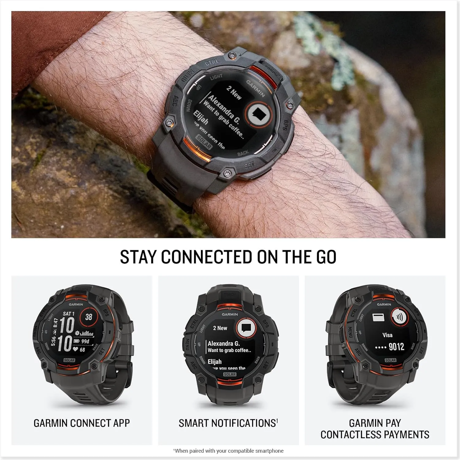 Garmin Instinct® 3 50mm, Solar Charged Display, Rugged Outdoor GPS Smartwatch, Metal-Reinforced Bezel, Built-in Flashlight, Charcoal