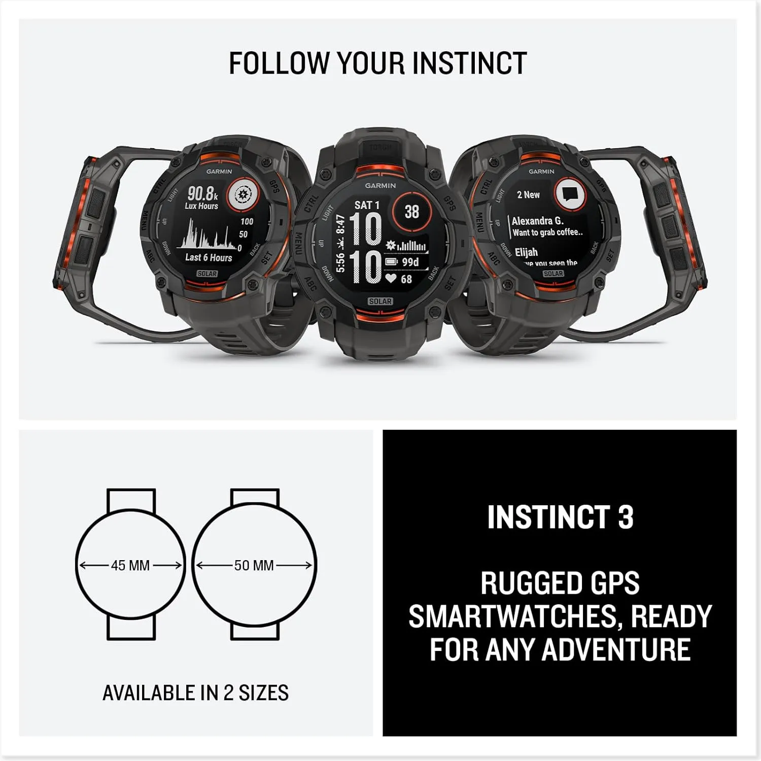 Garmin Instinct® 3 50mm, Solar Charged Display, Rugged Outdoor GPS Smartwatch, Metal-Reinforced Bezel, Built-in Flashlight, Charcoal