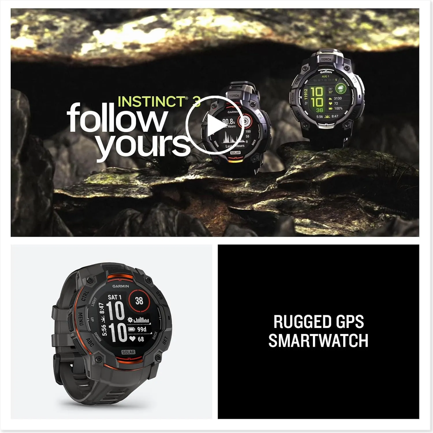 Garmin Instinct® 3 50mm, Solar Charged Display, Rugged Outdoor GPS Smartwatch, Metal-Reinforced Bezel, Built-in Flashlight, Charcoal