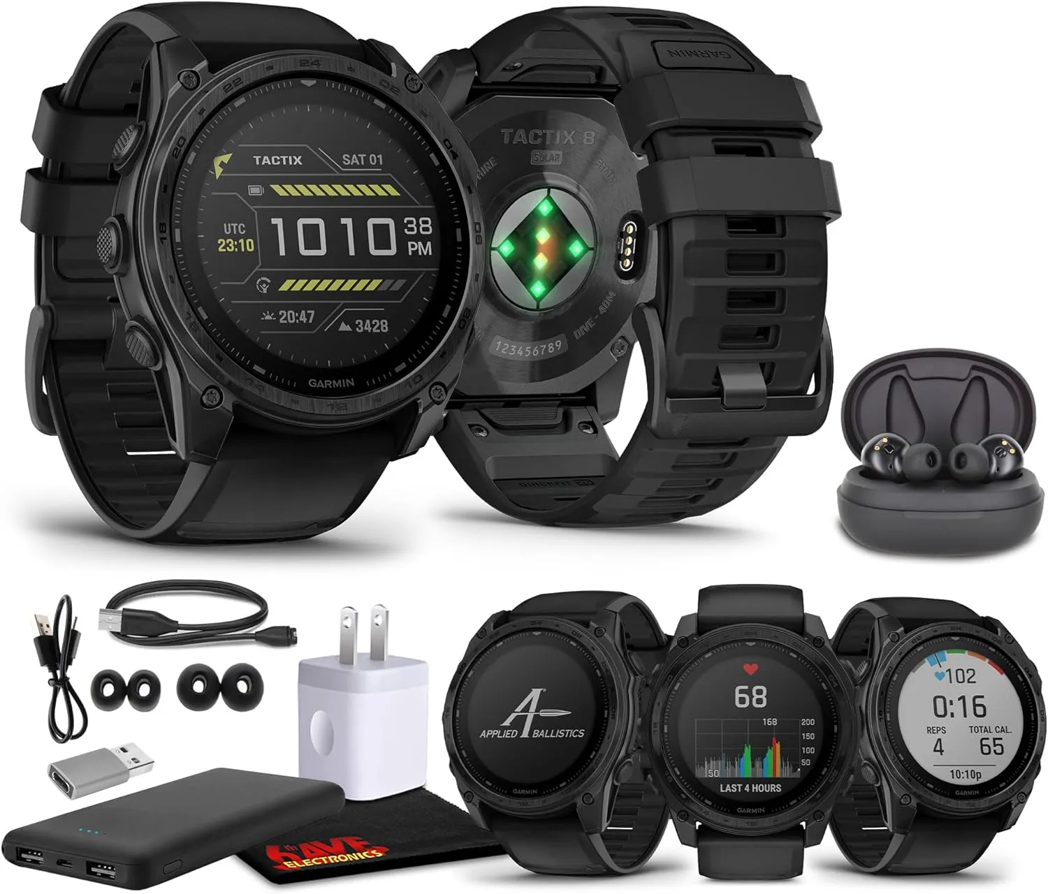 Garmin Tactix 8 51mm Solar Charged Display Elite Premium Tactical GPS Smartwatch, Includes Applied Ballistics Elite Solver, Built-in Flashlight, 48 Days Battery Life Bundle   Earbuds and More
