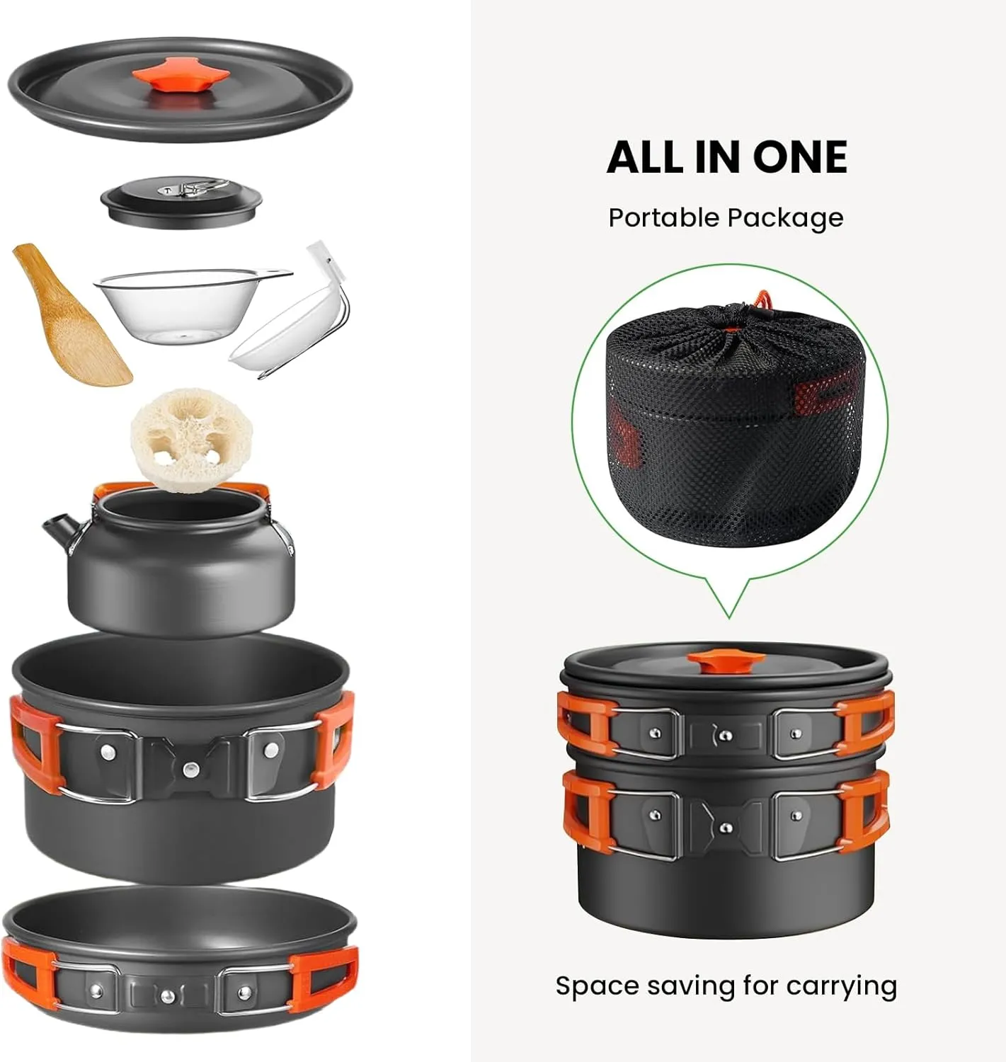 GEEKHOM Camping Cookware Set - Portable Backpacking Mess Kit with Camp Stove Pots & Pans, Carabiner, Lightweight Backpacking Gear for Hikers, Campers & Outdoor Adventures