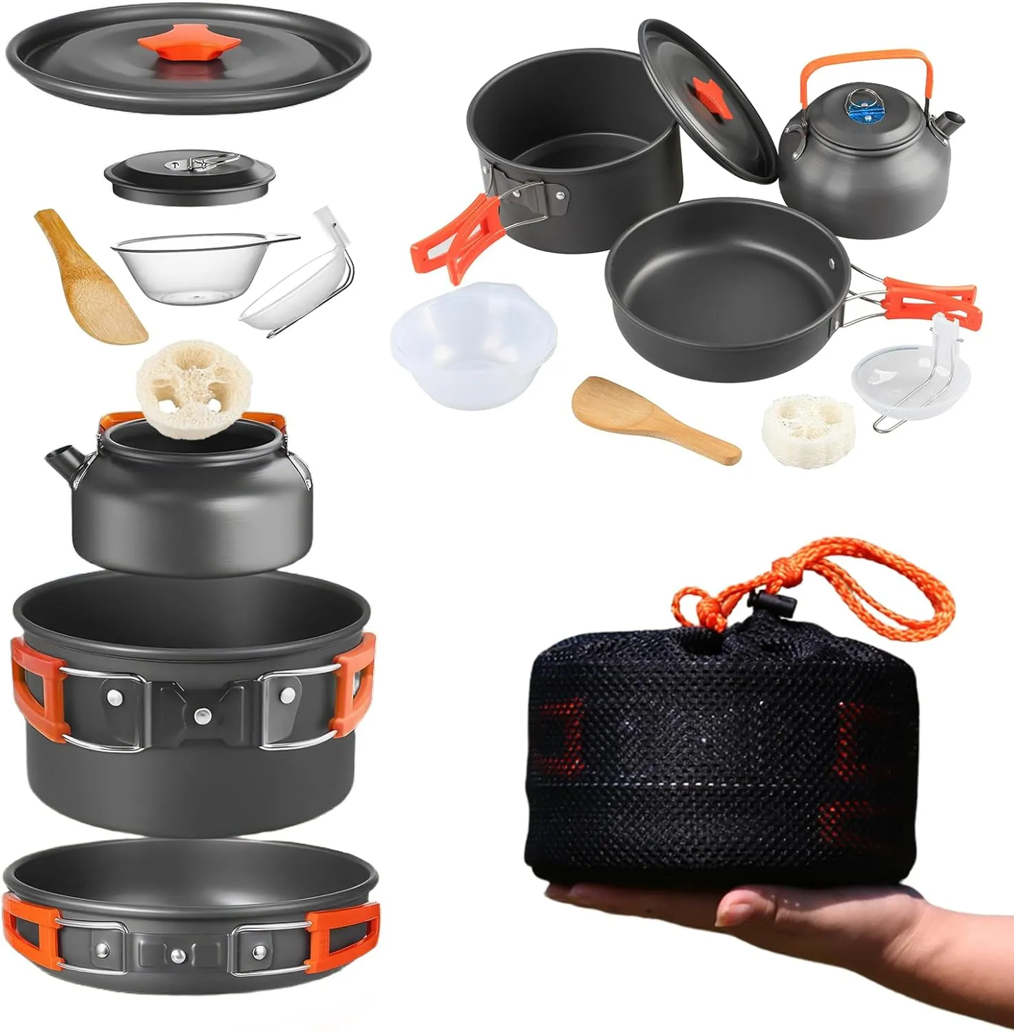 GEEKHOM Camping Cookware Set - Portable Backpacking Mess Kit with Camp Stove Pots & Pans, Carabiner, Lightweight Backpacking Gear for Hikers, Campers & Outdoor Adventures
