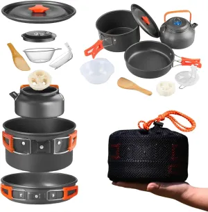 GEEKHOM Camping Cookware Set - Portable Backpacking Mess Kit with Camp Stove Pots & Pans, Carabiner, Lightweight Backpacking Gear for Hikers, Campers & Outdoor Adventures