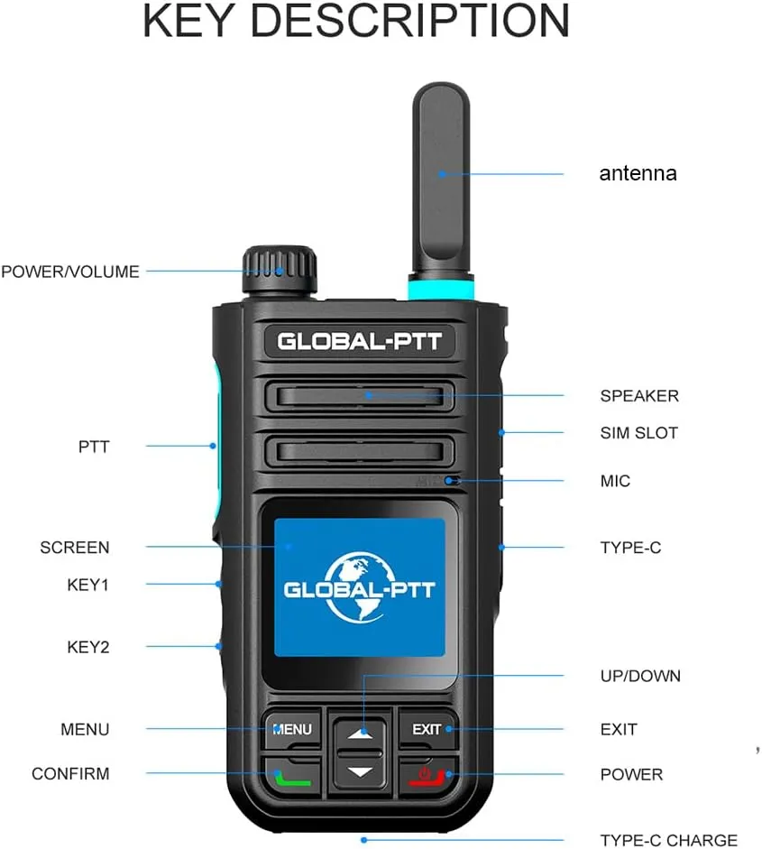 Global-PTT Advanced Global Walkie Talkie 2-Pack with GPS - Long Range Communication Digtal Display - Multi-Functional Keys and Yearly 2GB SIM Cards Included (GPS)