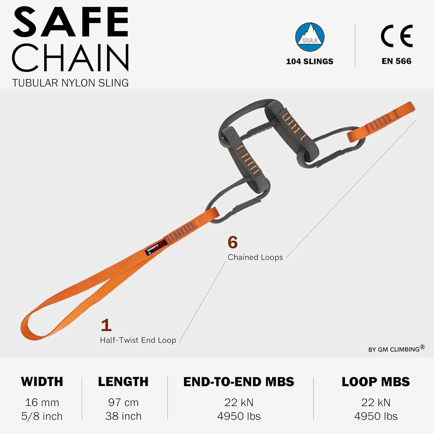 GM CLIMBING 16mm Nylon Safe Chain PAS Sling 22kN CE UIAA Certified for Personal Anchor System Rappel Transition Aid Climbing 97cm / 38in