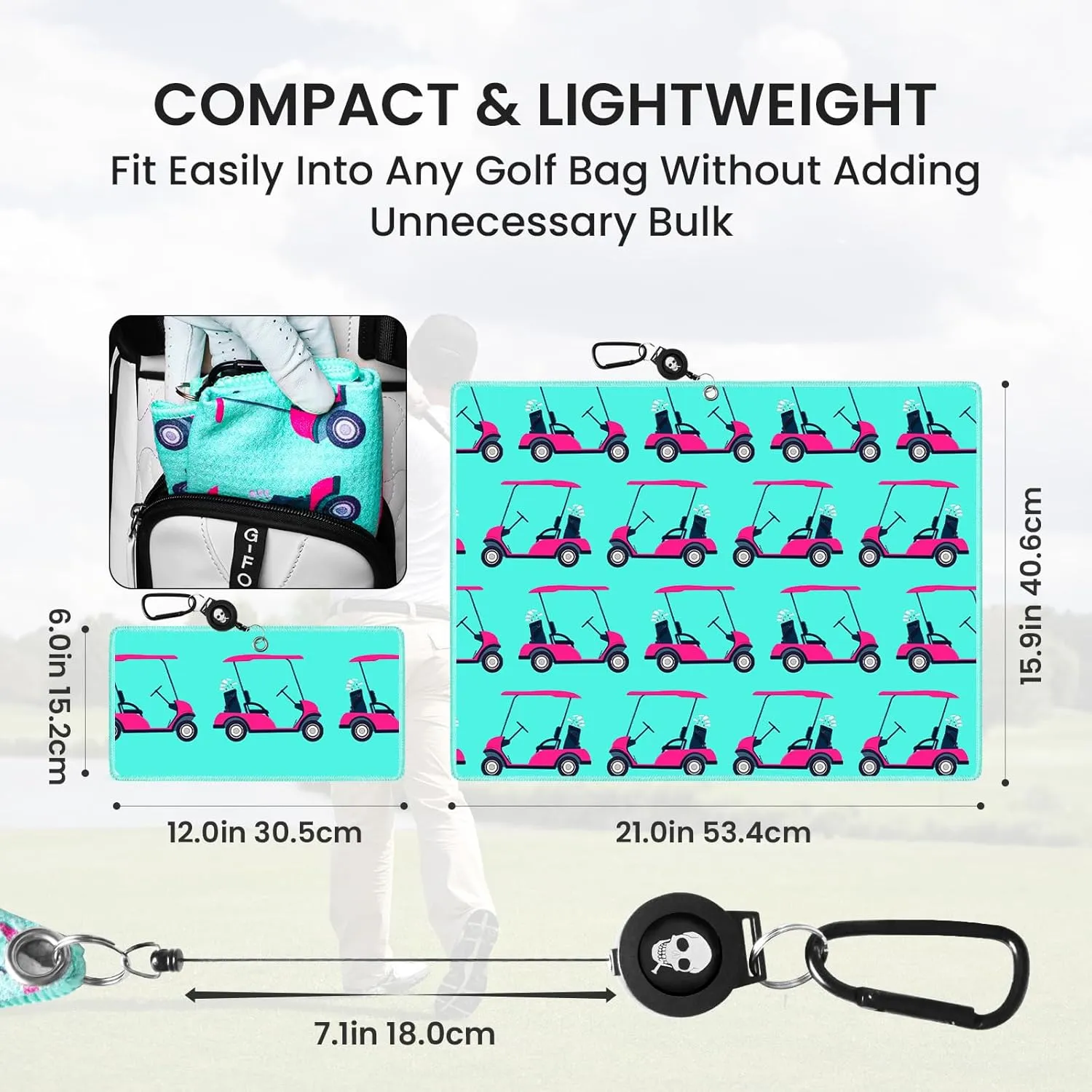 Golf Towels for Golf Bags Value 2 Pack 21"x16" and 12"x8" Set with Strong Magnetic Retractable Carabiner Microfiber Waffle Pattern Towel Lightweight Absorbent Gift for Women Ladies (Golf Cart)