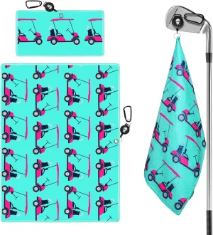 Golf Towels for Golf Bags Value 2 Pack 21"x16" and 12"x8" Set with Strong Magnetic Retractable Carabiner Microfiber Waffle Pattern Towel Lightweight Absorbent Gift for Women Ladies (Golf Cart)