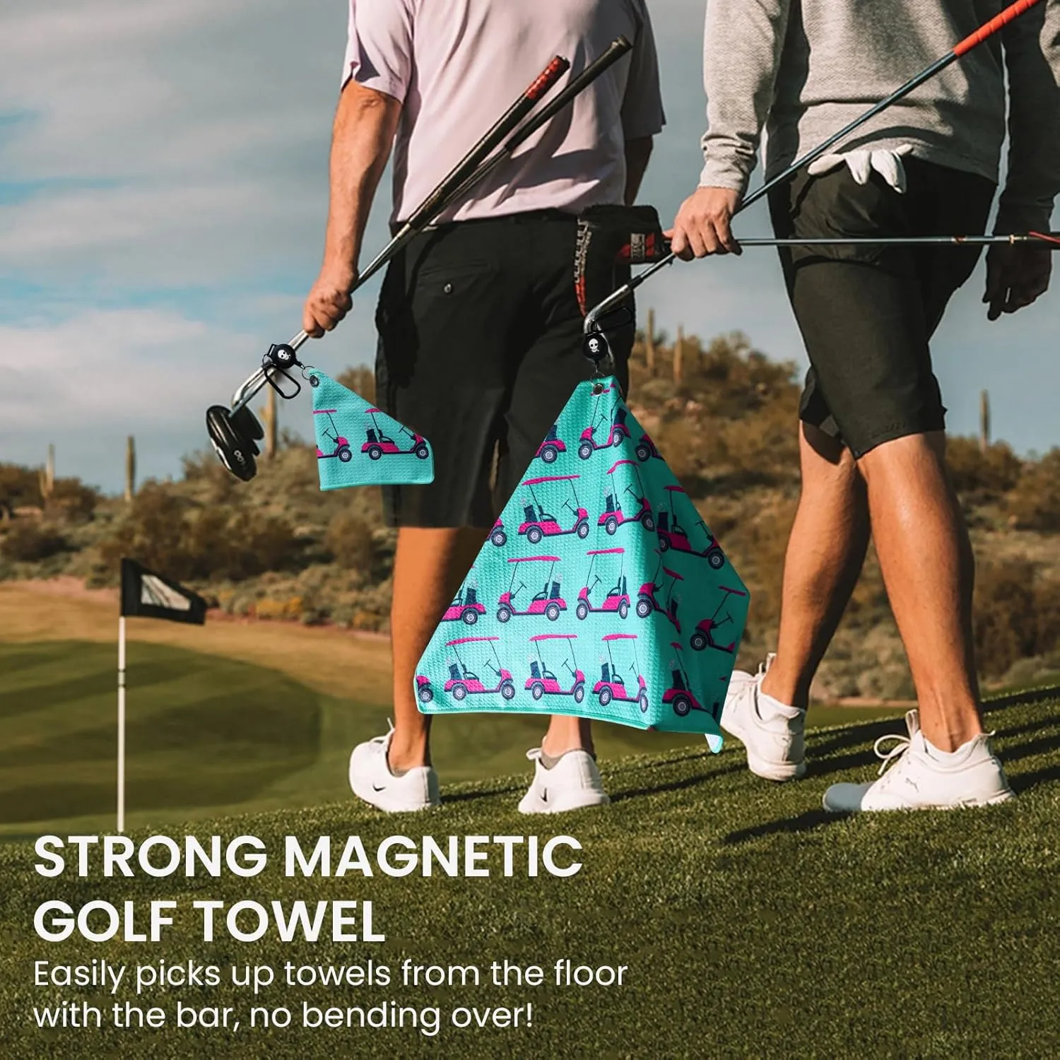 Golf Towels for Golf Bags Value 2 Pack 21"x16" and 12"x8" Set with Strong Magnetic Retractable Carabiner Microfiber Waffle Pattern Towel Lightweight Absorbent Gift for Women Ladies (Golf Cart)