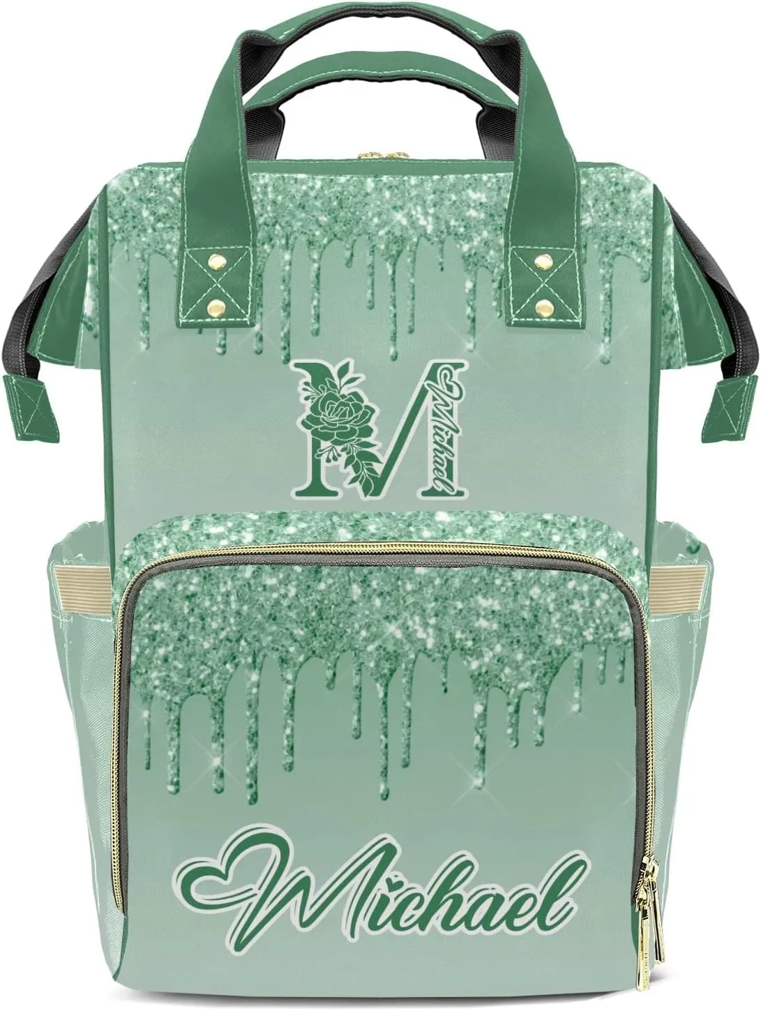 Green Bling Print Mummy Bags Custom Text Personalized with Name Diaper Bags Giving Backpack