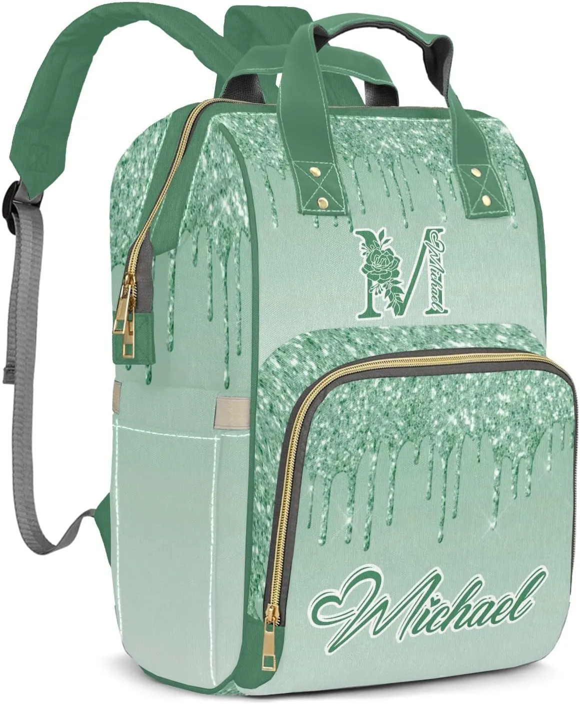 Green Bling Print Mummy Bags Custom Text Personalized with Name Diaper Bags Giving Backpack