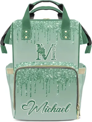 Green Bling Print Mummy Bags Custom Text Personalized with Name Diaper Bags Giving Backpack