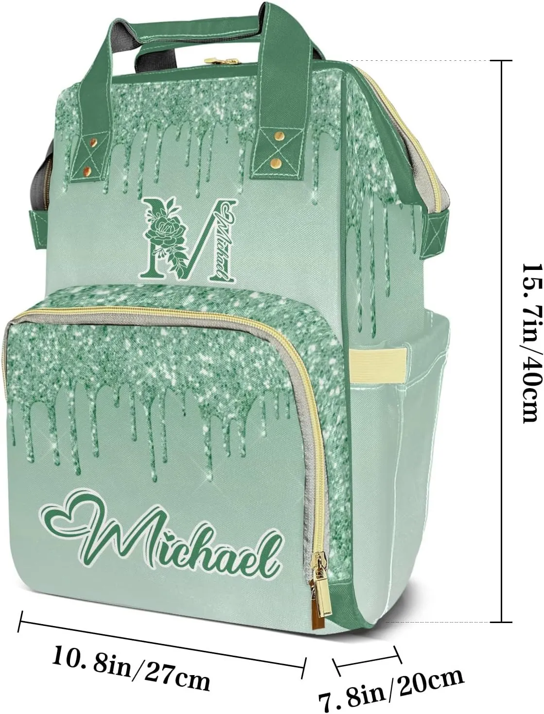 Green Bling Print Mummy Bags Custom Text Personalized with Name Diaper Bags Giving Backpack