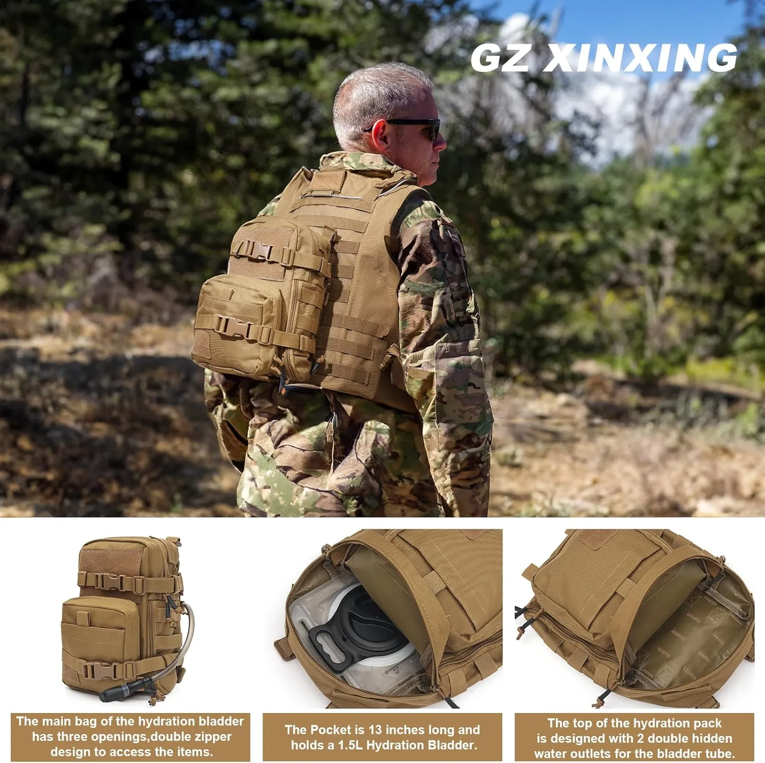 GZ XINXING Tactical Hydration Backpack, Outdoor Water Backpack Carrier Pack for Vest Backpack, Holds 1.5L Water Bladder, Mini MOLLE Tactical Backpack for Hiking, Biking, Running, Climbing