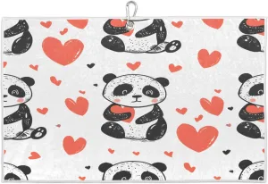 Hand Drawn Cute Panda Heart Golf Towel with Heavy Duty Carabiner Ultra Absorbent Quick Dry Perfect for Cleaning Clubs Balls Gear Essential Golf Accessory for Men Women Kids