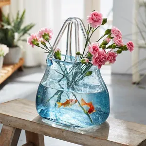 Handbag Vase, Glass Bag vase Blue Bubble Texture, Clear Handles Hand Blown Bubble Glass Handbag Vase for Home Decor 8.3inch Modern Art Flower Vases for Centerpieces Living Room