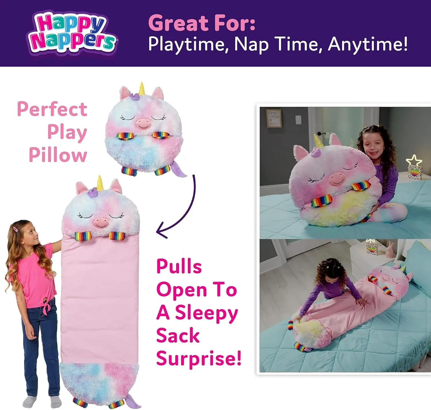 Happy Nappers: Pillow & Sleepy Sack: Large - Rainbow Unicorn - 66 x 30, 2-in-1: Plush Animal Opens Into Sleeping Bag, Soft Play Character, Kids 7 