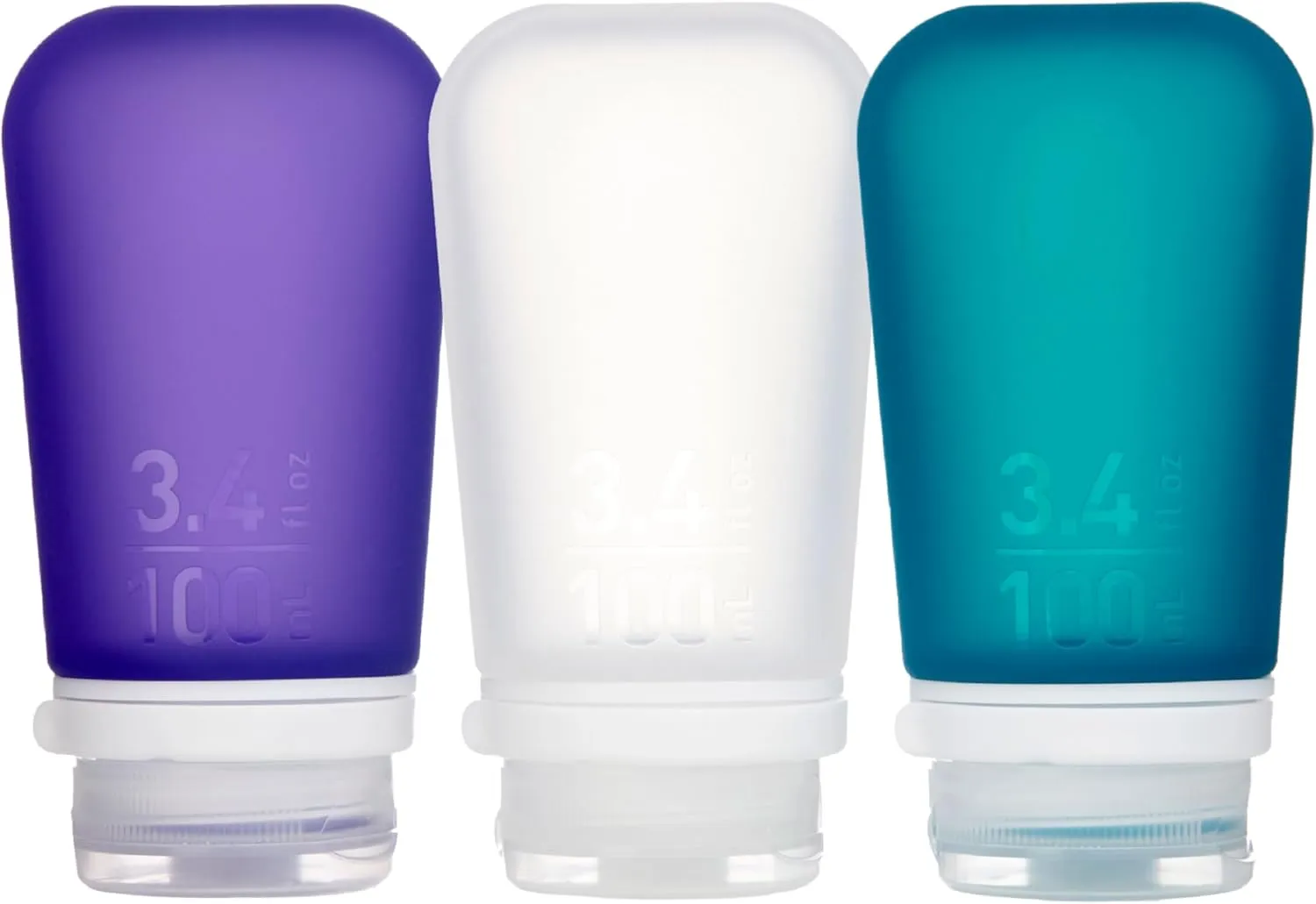 humangear GoToob  3-Pack (Large) | Refillable Silicone Travel Bottle | Locking Lid | Food-Safe Material, Clear/Purple/Teal, Large (3.4 fl.oz.; 100ml)